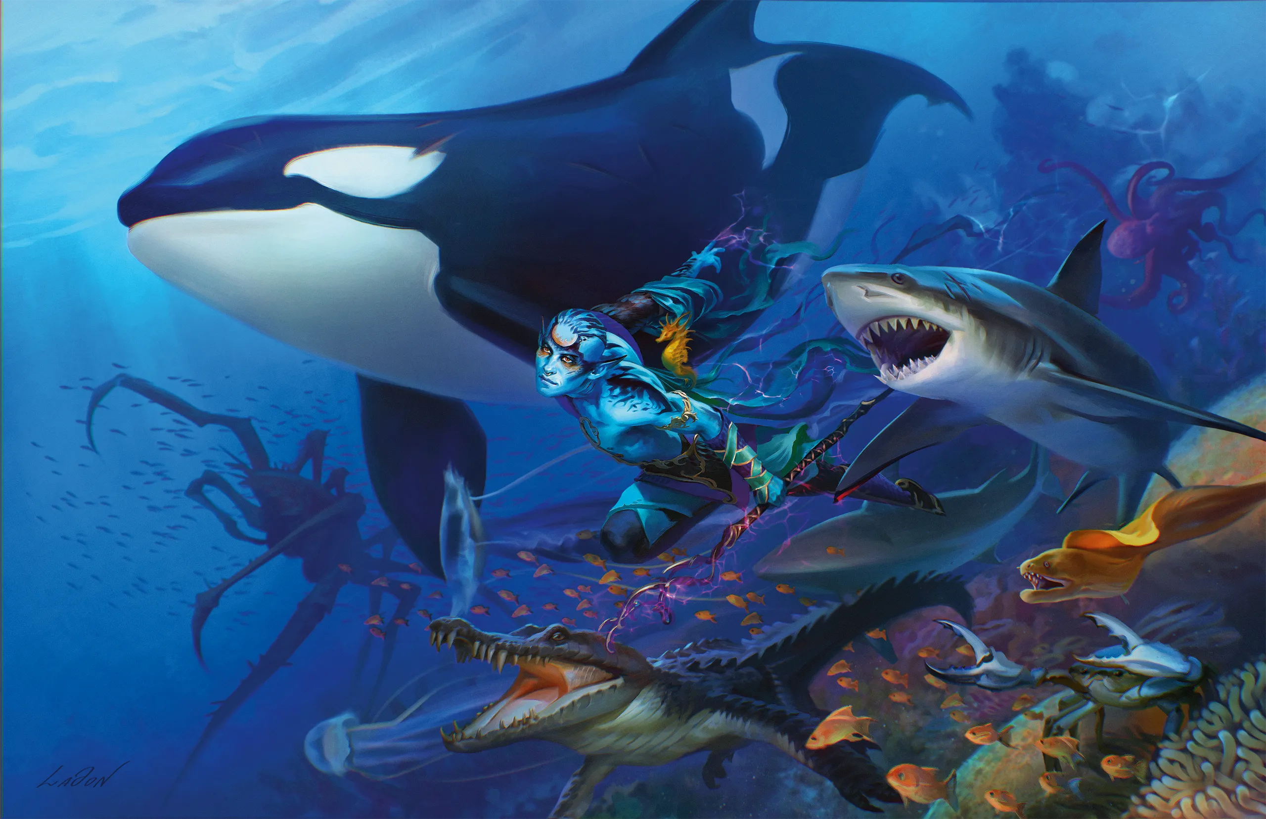 Aquatic animals swim alongside a druid exploring the sea Aquatic animals swim along...