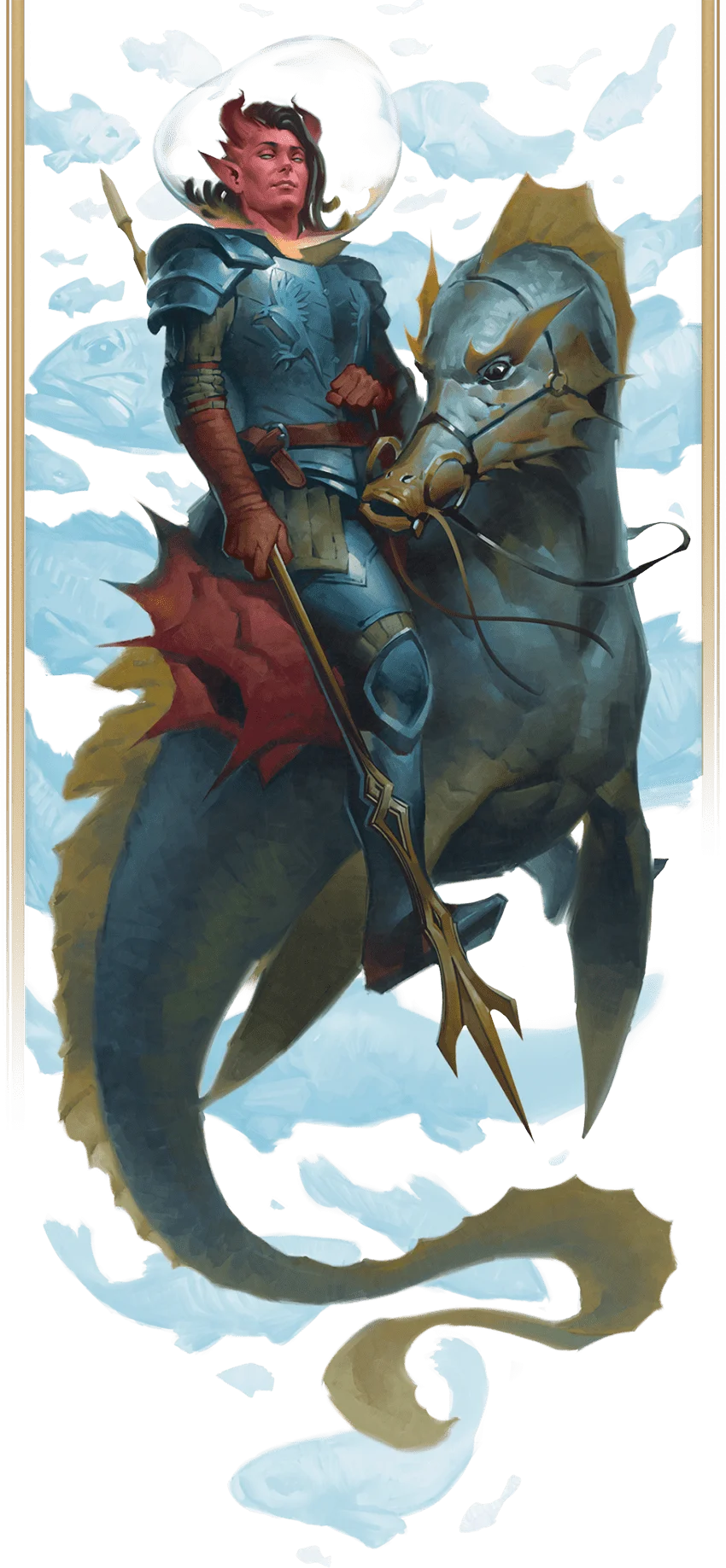 Astride a giant seahorse, ...