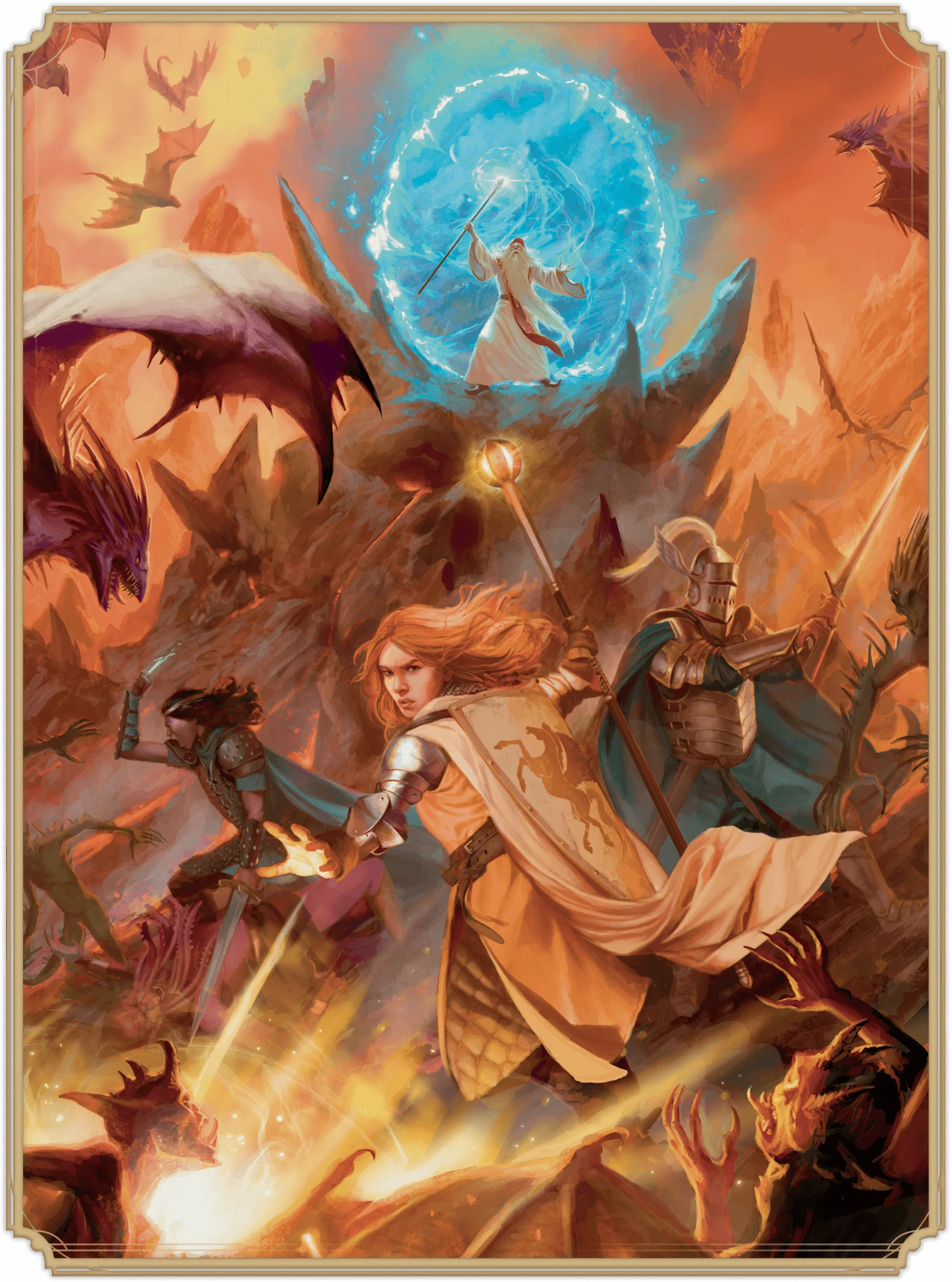 The heroes Mercion, Molliver, Strongheart, and Ringlerun protect a portal to another plane from diabolical invaders The heroes Mercion, Molliv...