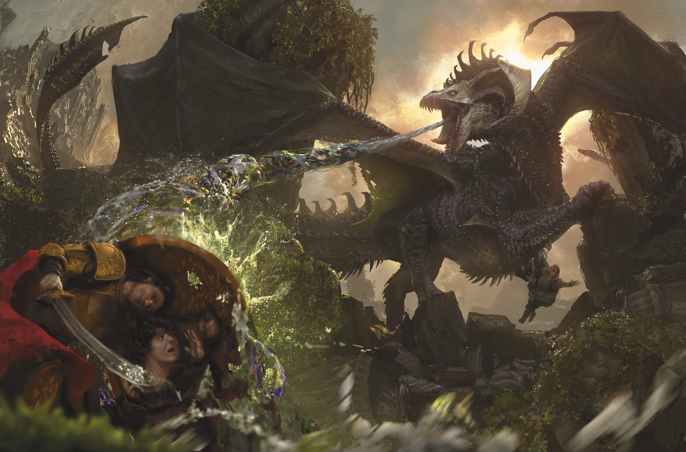 A Fighter stands between an ally and the onslaught of a black dragon A Fighter stands between a...